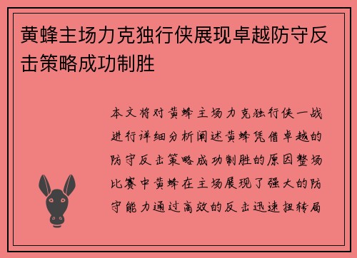 黄蜂主场力克独行侠展现卓越防守反击策略成功制胜
