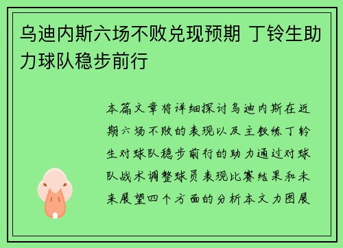 乌迪内斯六场不败兑现预期 丁铃生助力球队稳步前行