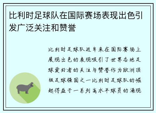 比利时足球队在国际赛场表现出色引发广泛关注和赞誉