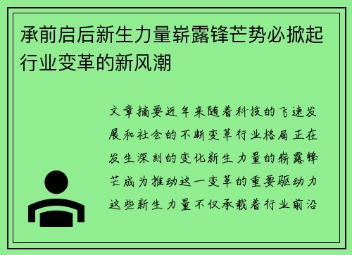 承前启后新生力量崭露锋芒势必掀起行业变革的新风潮