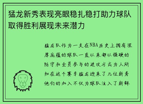 猛龙新秀表现亮眼稳扎稳打助力球队取得胜利展现未来潜力