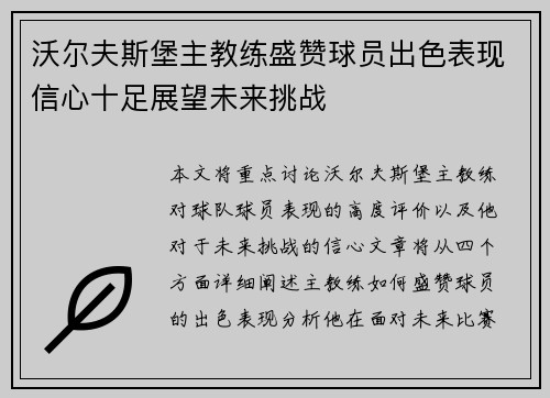 沃尔夫斯堡主教练盛赞球员出色表现信心十足展望未来挑战