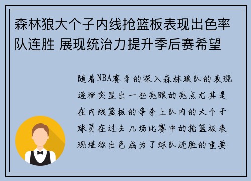 森林狼大个子内线抢篮板表现出色率队连胜 展现统治力提升季后赛希望