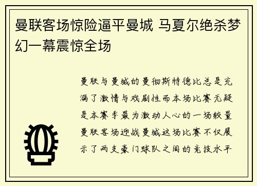 曼联客场惊险逼平曼城 马夏尔绝杀梦幻一幕震惊全场