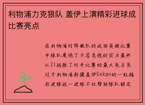 利物浦力克狼队 盖伊上演精彩进球成比赛亮点