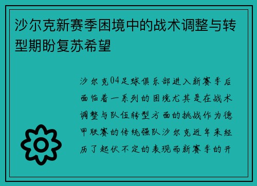 沙尔克新赛季困境中的战术调整与转型期盼复苏希望