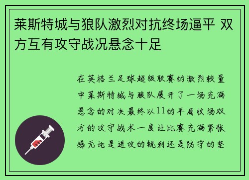 莱斯特城与狼队激烈对抗终场逼平 双方互有攻守战况悬念十足