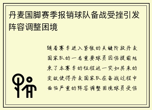 丹麦国脚赛季报销球队备战受挫引发阵容调整困境
