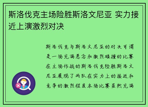 斯洛伐克主场险胜斯洛文尼亚 实力接近上演激烈对决