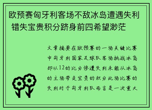 欧预赛匈牙利客场不敌冰岛遭遇失利 错失宝贵积分跻身前四希望渺茫