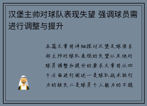 汉堡主帅对球队表现失望 强调球员需进行调整与提升