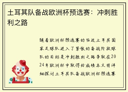 土耳其队备战欧洲杯预选赛：冲刺胜利之路
