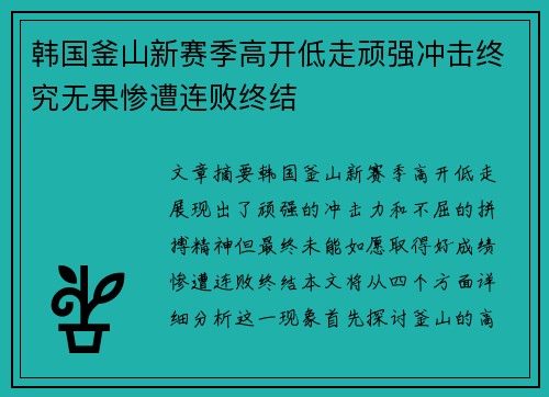 韩国釜山新赛季高开低走顽强冲击终究无果惨遭连败终结